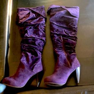 Pink Duchess knee high boots purple suede